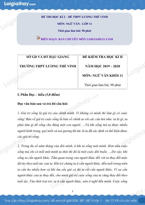 Giải đề thi kì 2 Ngữ văn lớp 11 năm 2019 - 2020 trường THPT Lương Thế Vinh